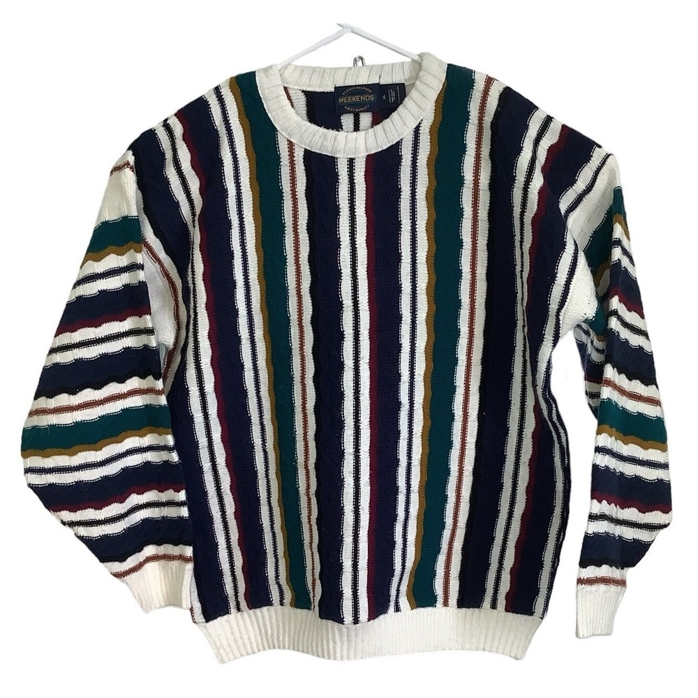 Vintage Mens XL Striped Knit Sweater Retro 90s Colorblock Crewneck Pullover - Picture 1 of 6